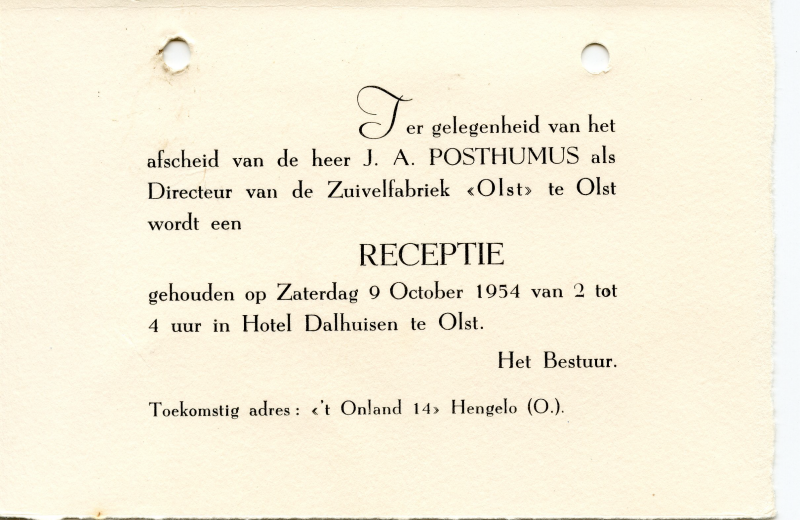 Bekijk detail van "Uitnodiging receptie t.g.v. afscheid J.A. Posthumus als directeur van de Zuivelfabriek <span class="highlight">Olst</span>, 1954"