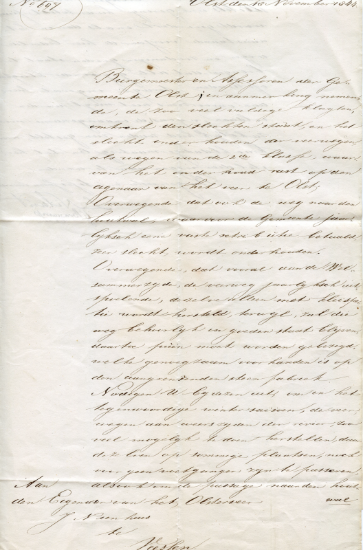 Bekijk detail van "Met de hand geschreven brief door burgemeester Nilant en assessoren der Gemeente Olst aan de eigenaar van het Olsterveer, 1844"