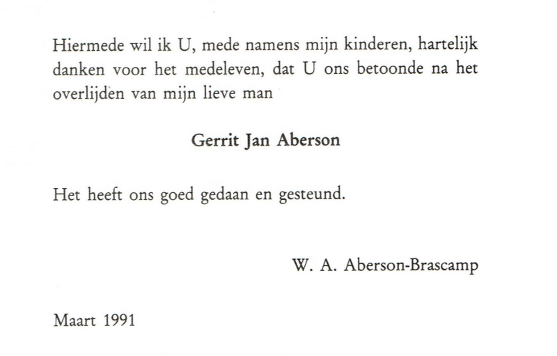 Bekijk detail van "Bedankkaart i.v.m. overlijden Gerrit Jan Aberson, 1991"