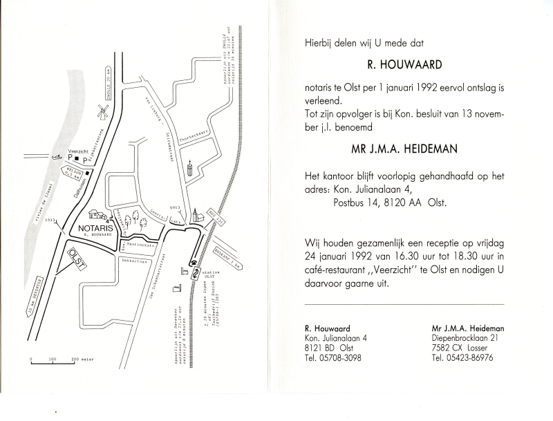 Bekijk detail van "Receptiekaart overname Notariskantoor Houwaard door Mr. J.M.A. Heideman"