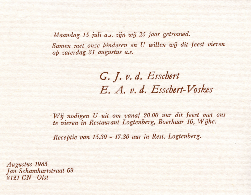 Bekijk detail van "Receptiekaart 25 jaar getrouwd G.J. v.d. Esschert en E.A. v.d. Esschert-Voskes, 1985"