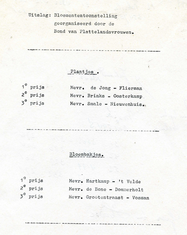 Bekijk detail van "Uitslag bloemententoonstelling, georganiseerd door de Ned. Bond van Plattelandsvrouwen, afd. Wesepe?, 1960 - 1968"