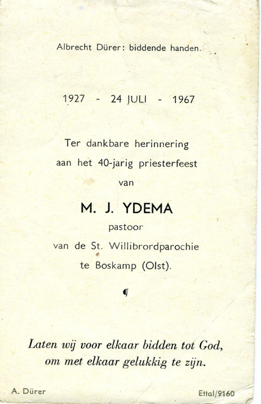 Bekijk detail van "Kaartje ter dankbare herinnering van het 40-jarig priesterfeest van M.J. Ydema pastoor, 1967"