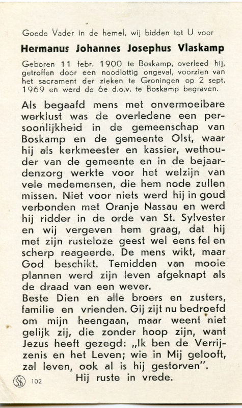 Bekijk detail van "Bidprentje voor Hermanus Johannes Josephus Vlaskamp, 1969"