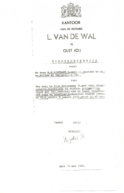 Bekijk detail van "Eigendomsbewijs M.H. Ligthart, huidenhandelaar, van het huis Beltenweg 14 te Den Nul, 1968."