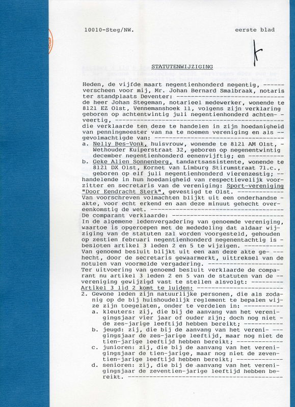 Bekijk detail van "Afschrift: akte van statutenwijziging van: Sportvereniging 'Door Eendracht Sterk', 1990"