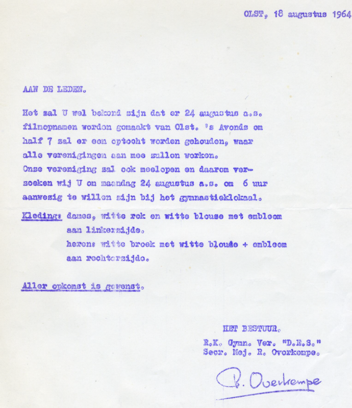 Bekijk detail van "Oproep voor <span class="highlight">leden</span> van R.K. Gymnastiek Vereniging D.E.S.  om aanwezig te zijn bij een filmopname, 1964"