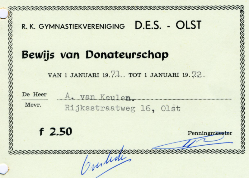 Bekijk detail van "Bewijs van donateurschap van R.K. Gymnastiekvereniging D.E.S. Olst, 1971"