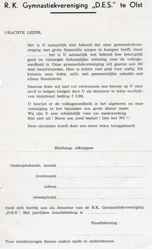 Bekijk detail van "Oproep van R.K. Gymnastiekvereniging D.E.S. om donateur te worden voor f 2.50 minimaal per jaar, 1972"