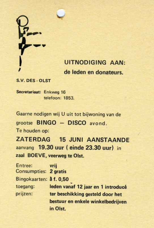 Bekijk detail van "Uitnodiging aan de <span class="highlight">leden</span> en donateurs van SV. D.E.S. - Olst tot het bijwonen van de grootste Bingo - disco avond"