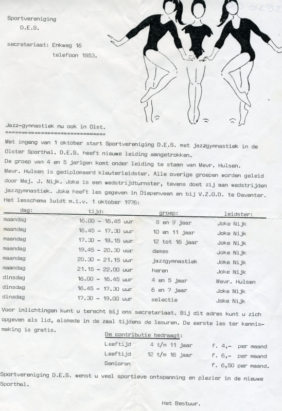 Bekijk detail van "Info: oefenuren leden Gymnastiekver. D.E.S. - Olst, 1976"