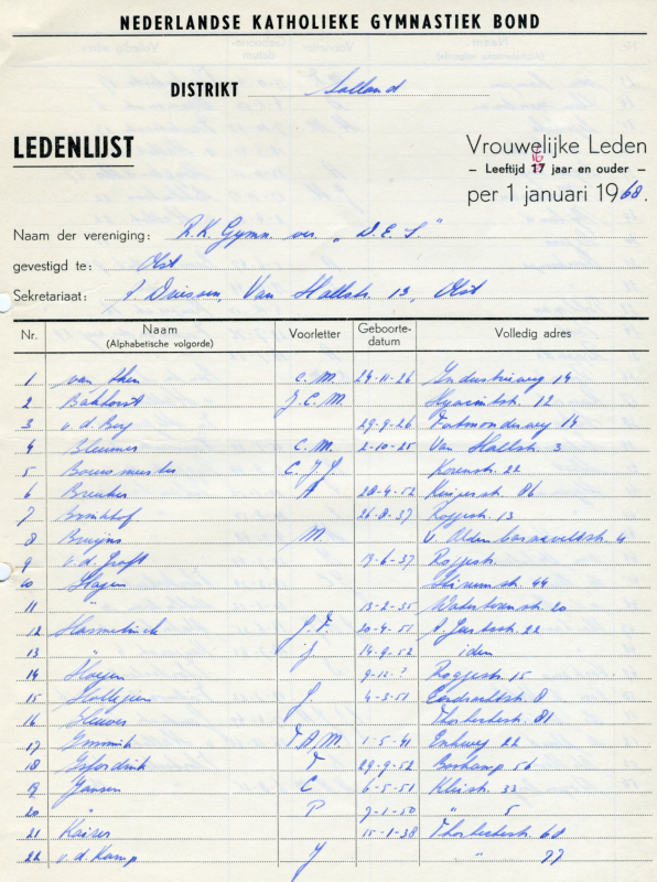 Bekijk detail van "Ledenlijst (vrouwelijke leden, leeftijd 16 jaar en ouder) R.K. Gymn. ver. D.E.S., 1968"