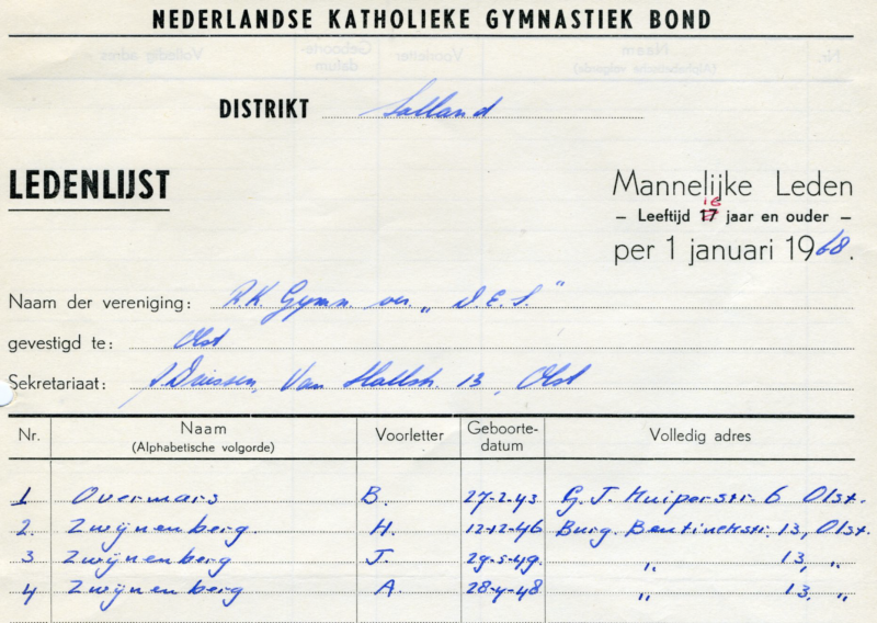 Bekijk detail van "Ledenlijst mannelijke leden, leeftijd 16 jaar en ouder, R.K. Gymn. Ver. D.E.S., 1968"