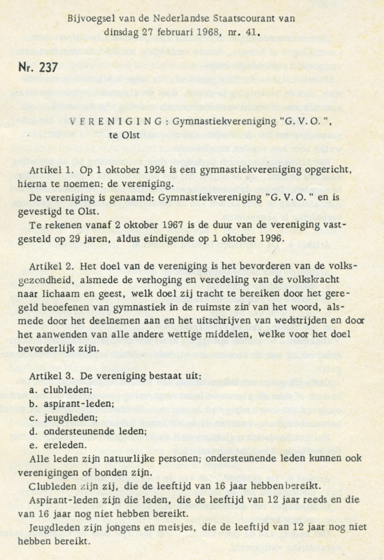 Bekijk detail van "Bijvoegsel van de Nederlandse Staatscourant  <span class="highlight">Vereniging</span>: gymnastiekvereniging G.V.O. te Olst, 1968"