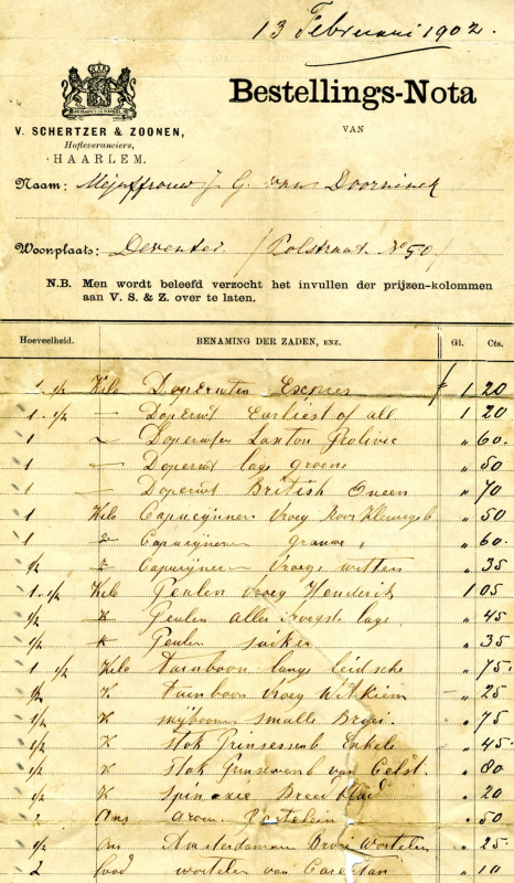 Bekijk detail van "Bestellings-nota: v. Schertzer  & Zoonen, zaadhandel, van Mej. J.G. van Doorninck, Polstraat 50, Deventer, 13 februari 1902."