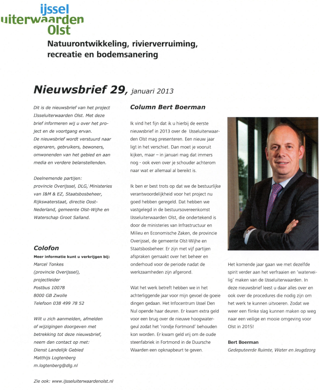 Bekijk detail van "Nieuwsbrief 29, januari 2013. IJsseluiterwaarden Olst, Natuurontwikkeling, rivierverruiming, recreatie en bodemsanering."