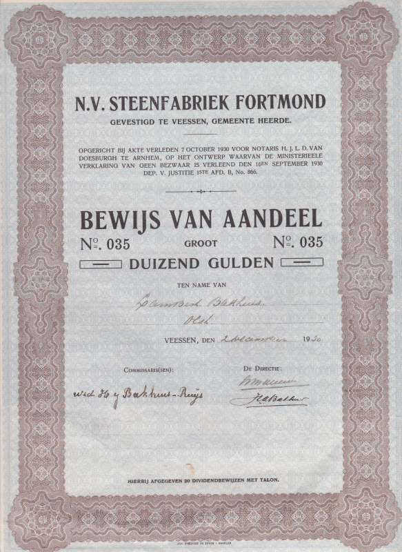 Bekijk detail van "Bewijs van aandeel N.V. Steenfabriek Fortmond, gevestigd te <span class="highlight">Veessen</span>, Gemeente Heerde, groot duizend gulden, 2 december 1930."