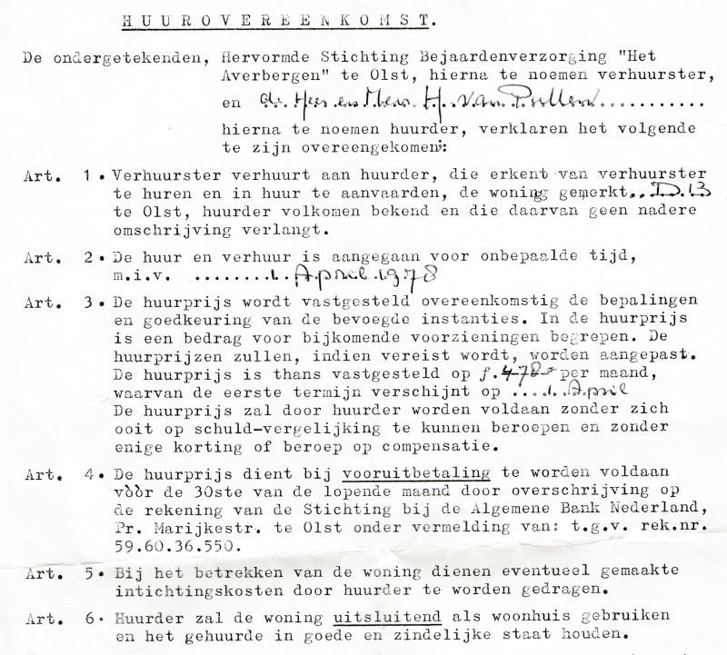 Bekijk detail van "<span class="highlight">Huurovereenkomst</span> voor dhr. en mevr. van Putten als huurders van woning D13 bij Hervormde Stichting Bejaardenverzorging ,,Het Averbergen" , 3 april 1978."