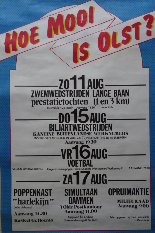 Bekijk detail van "Aanplakbiljet: Manifestatie ,,Hoe Mooi Is Olst?", programma voor 11 t/m 17 augustus 1974"