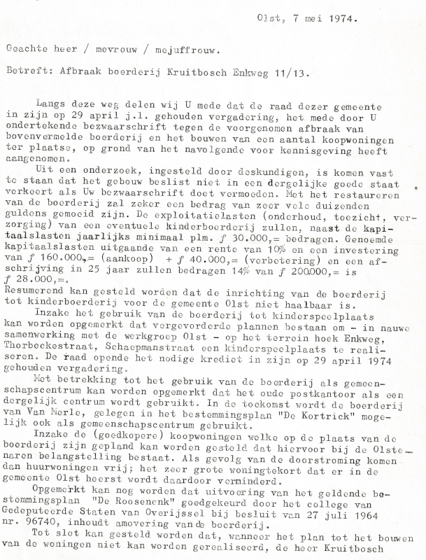 Bekijk detail van "Verklaring, als antwoord op een <span class="highlight">bezwaarschrift</span>, van Gemeentebestuur Olst voor afbraak van boerderij Kruitbosch, Enkweg 11/13,  7 mei 1974"