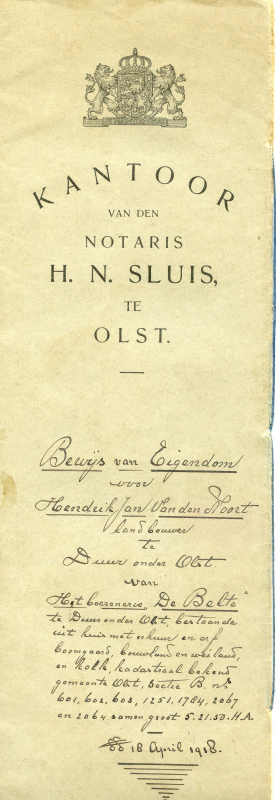 Bekijk detail van "Bewijs van eigendom voor Hendrik Jan van <span class="highlight">de</span> Noort: Boerenerve ,,<span class="highlight">De</span> <span class="highlight">Belte</span>", bestaande uit huis met schuur en erf boomgaard en weiland en kolk. Kadesstraat bekend Sectie B nrs. 601, 602, 603, 1251, 1784, 2067 en 2064 groot 5.21.50 H.A., 18 april 1918."