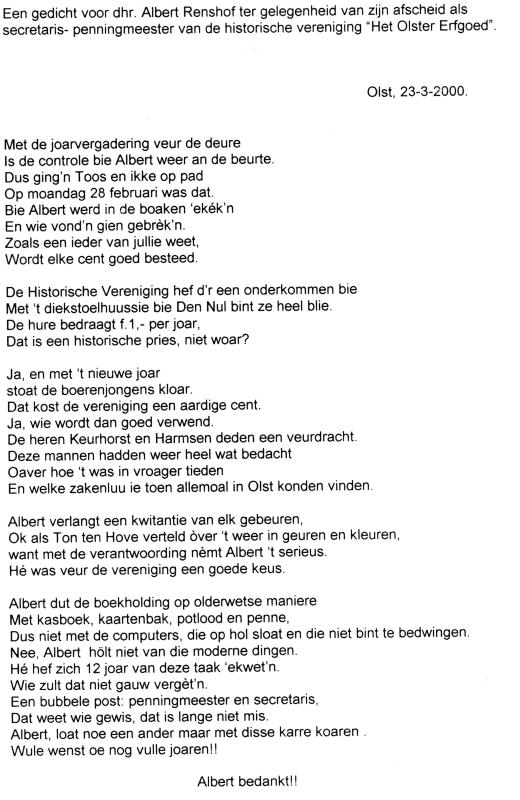 Bekijk detail van "<span class="highlight">Gedicht</span> in dialect voor Albert Renshof t.g.v. zijn afscheid als secretaris/penningmeester van ´t Olster Erfgoed, 2000"