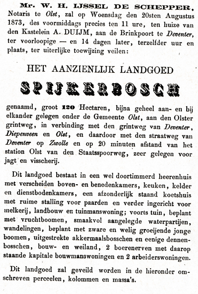 Bekijk detail van "Publieke veiling van het aanzienlijk goed Spijkerbosch onder de gemeente Olst, 1873"