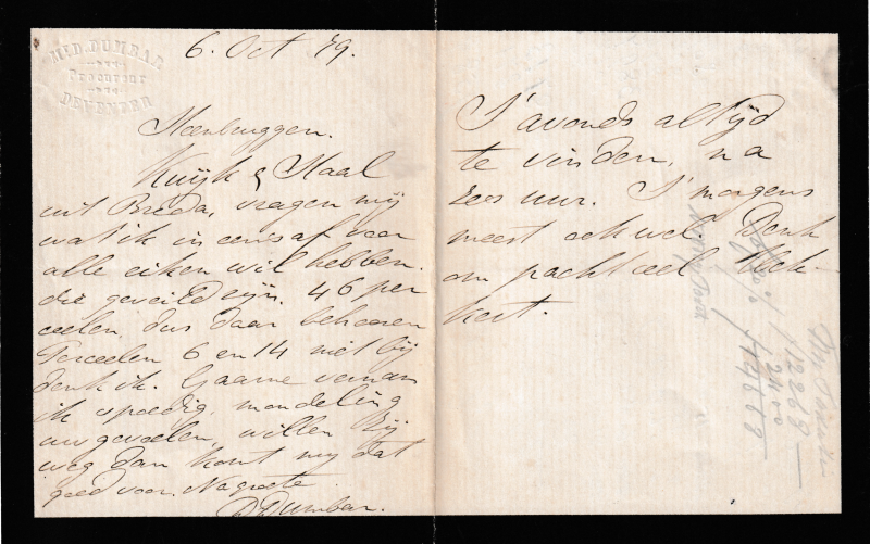 Bekijk detail van "<span class="highlight">Briefje</span> met ingestanst: Mr. D Dumbar Procureur Deventer, bewoner van ´t Nijendal, 1879"
