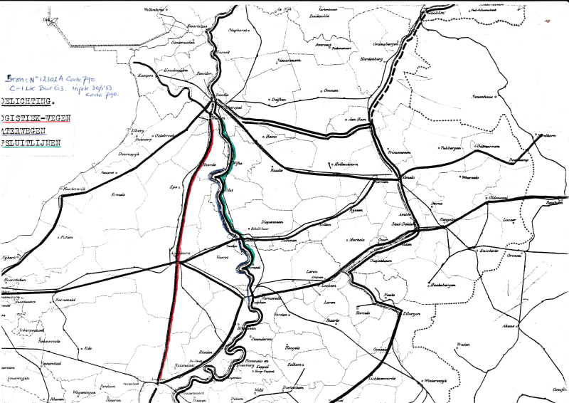 Bekijk detail van "Landkaart met toelichting logistiek-wegen-waterwegen en afsluitlijnen IJssellinie."