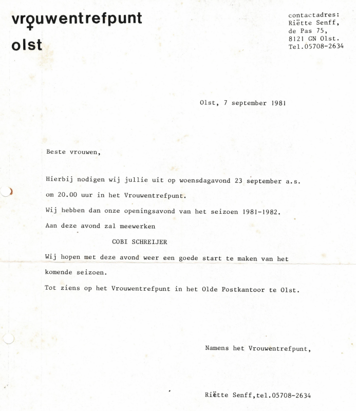 Bekijk detail van "Uitnodigingen Thema-avonden georganiseerd door Vrouwentrefpunt Olst, 1981-1982"