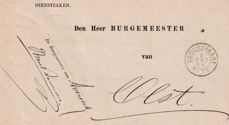Bekijk detail van "Brief van de Burgemeester van Avereest; Verlofganger Peter van de Wetering der ligting 1878 wil zich in Olst vestigen, 1882"