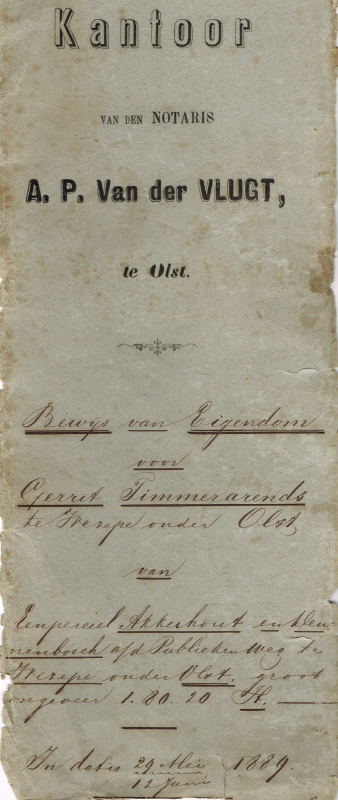 Bekijk detail van "Bewijs van eigendom voor Gerrit Timmerarends te Wesepe, 1889"