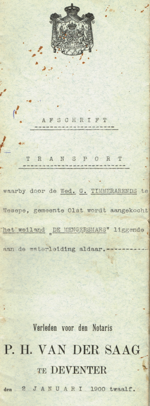 Bekijk detail van "Akte transport weiland "De Mengermars" door de wed. G. Timmerarends te Wesepe, 1912"