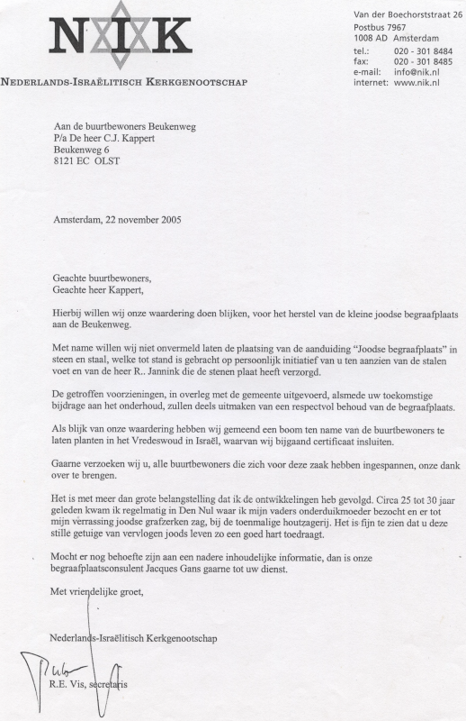 Bekijk detail van "Oorkonde + begeleidende brief aan de bewoners van de Beukenweg te Den Nul, november 2005"