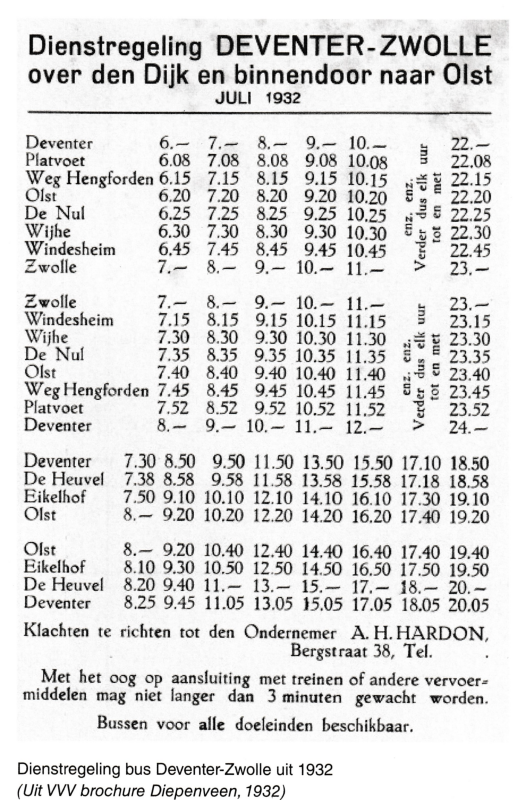 Bekijk detail van "Dienstregeling Deventer-Zwolle over den Dijk en binnendoor Olst, 1932"