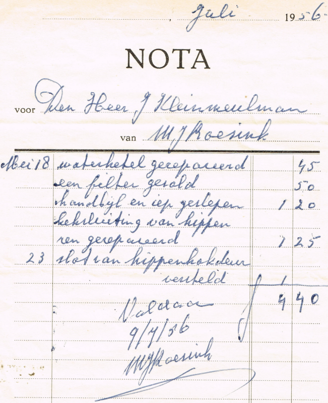 Bekijk detail van "Nota's met briefhoofd: M.J. Roesink, 1949-1968. Landbouw- en kachelsmederij"