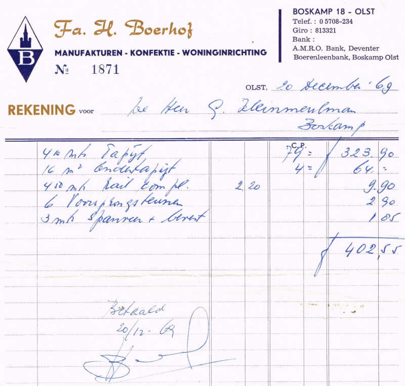 Bekijk detail van "Rekeningen met briefhoofd: Firma H. Boerhof, 1969"