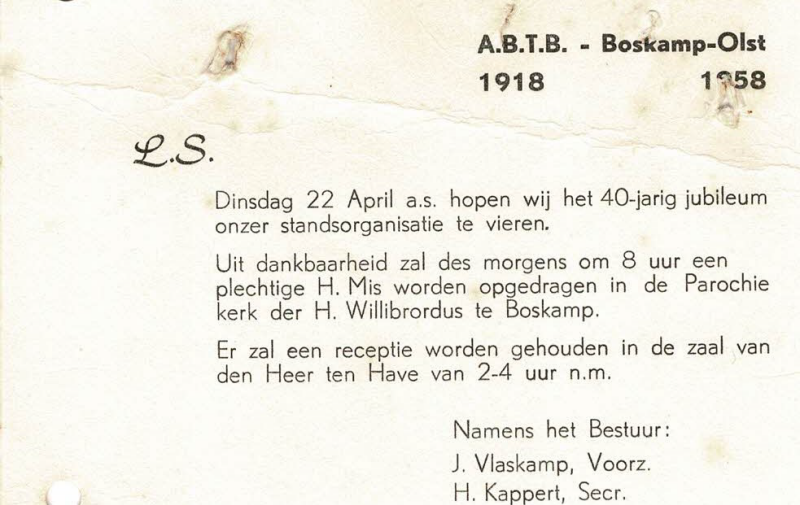 Bekijk detail van "Uitnodiging 40-jarig jubileum A.B.T.B.-Boskamp-Olst, 1918-1958"