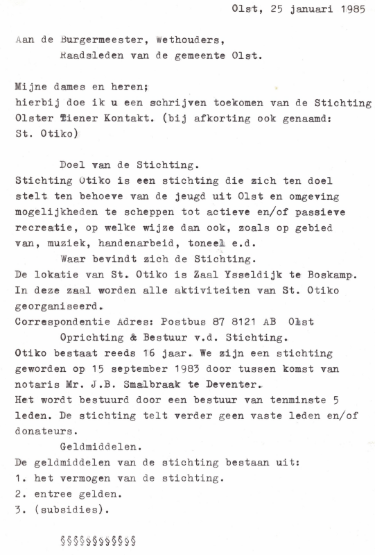 Bekijk detail van "Brief van het bestuur van Otiko aan Burgemeester en <span class="highlight">Wethouders</span>, aanvraag subsidie aan deze Stichting, 1985"