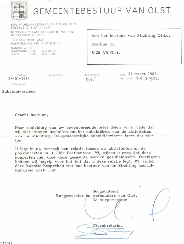 Bekijk detail van "Brief: B en W Gemeente Olst wijzen subsidie af aan Stichting Tiener Kontakt "Otiko", 1985"