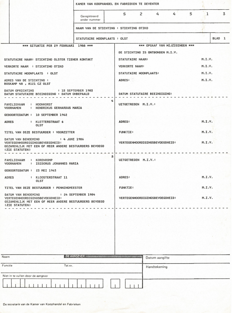 Bekijk detail van "Brief Kamer van Koophandel: de stichting Otiko is ontbonden, 29 februari 1988"