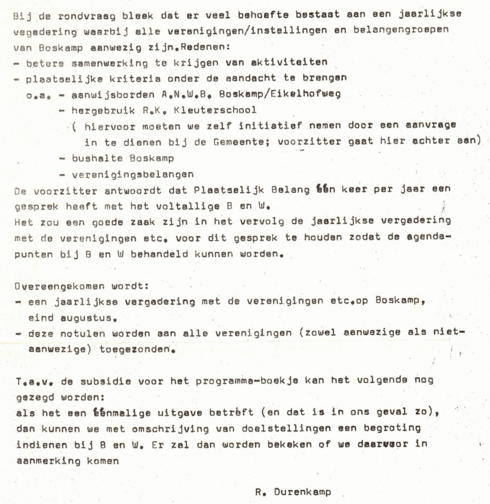 Bekijk detail van "Samenvatting <span class="highlight">vergadering</span> van Plaatselijk Belang Boskamp met de verenigingen/instellingen en belangengroepen op de Boskamp, 1985"