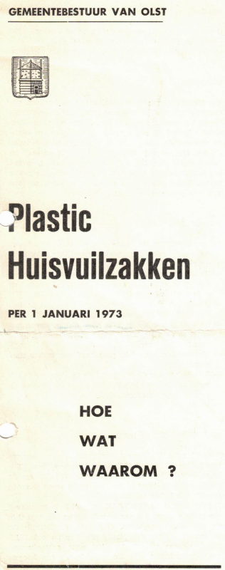 Bekijk detail van "Flyer: Gemeentebestuur Olst: Plastic Huisvuilbakken per 1 januari 1973"