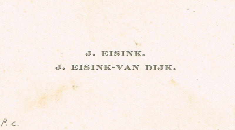 Bekijk detail van "Visitekaartje J. Eisink en J. Eisink- van Dijk, 1942"