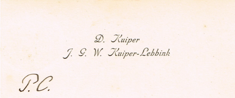 Bekijk detail van "Visitekaartje D. Kuiper en J.G.W. Kuiper-Lebbink, 1942"