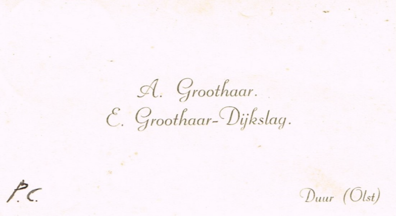 Bekijk detail van "Visitekaartje: A. Groothaar en E. Groothaar-Dijkslag,1942"