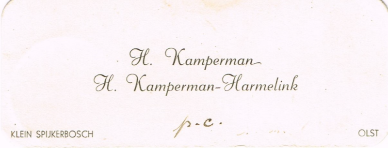 Bekijk detail van "Visitekaartje: H. Kamperman en H. Kamperman-Harmelink, 1942"