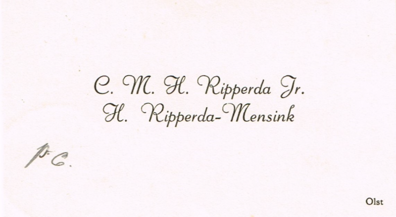 Bekijk detail van "Visitekaartje: C.M.H. Ripperda jr. en H. Ripperda-Mensink, 1942"