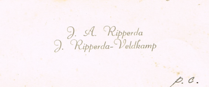 Bekijk detail van "Visitekaartje: J.A. Ripperda en J. Ripperda-Veldkamp, 1942"