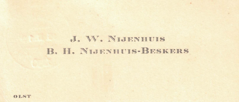 Bekijk detail van "Visitekaartje: J.W. Nijenhuis en B.H. Nijenhuis-Beskers, 1930"